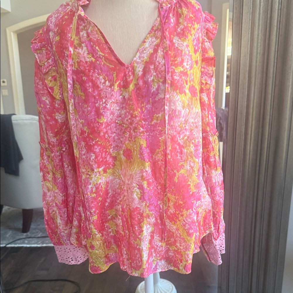 LoveShackFancy Pink and Yellow Floral Peasant Blouse
